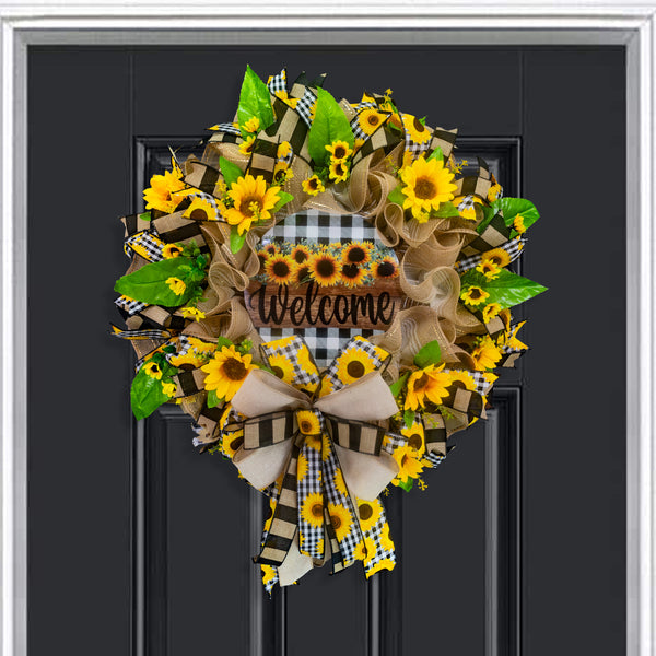 Welcome wreath, sunflower wreath, farmhouse wreath, floral wreath, everyday wreath, front door, door hanger, gift, large, 27”. W30401B