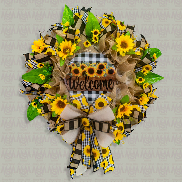 Welcome wreath, sunflower wreath, farmhouse wreath, floral wreath, everyday wreath, front door, door hanger, gift, large, 27”. W30401B