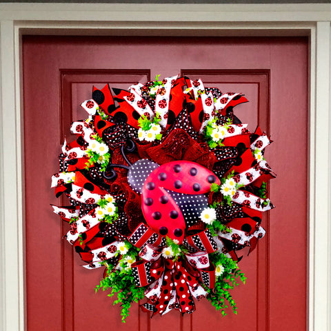 Ladybug wreath, ladybird, front door wreath, hanging, everyday, spring summer fall, red, gift26". W30421A