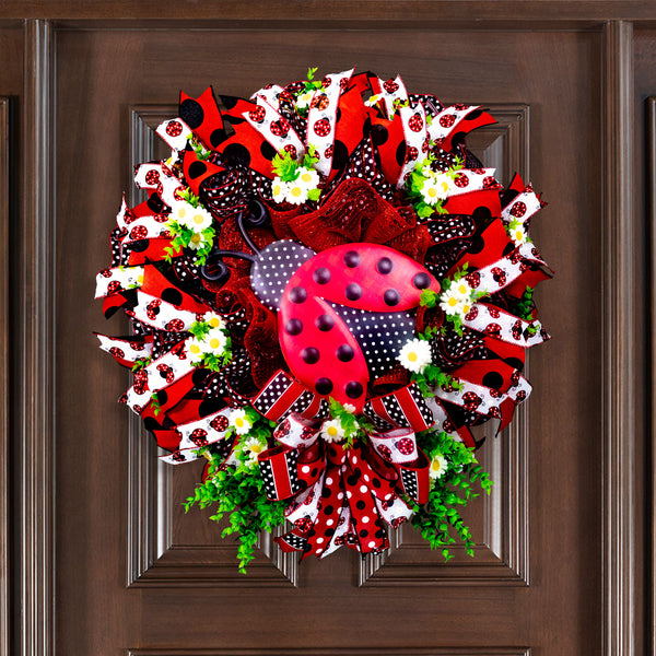 Ladybug wreath, ladybird, front door wreath, hanging, everyday, spring summer fall, red, gift26". W30421A