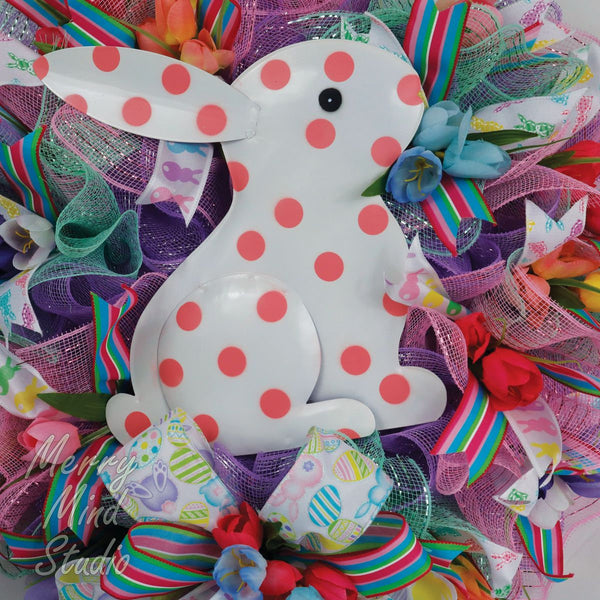 Easter wreath, white bunny, pink polka-dots, merrymindstudio 02204