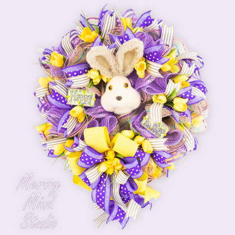 Easter wreath, plush bunny head, merrymindstudio 02282