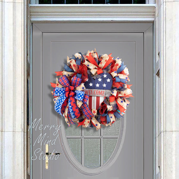 4th of July wreath, patriotic, welcome, USA, farmhouse, 0329A